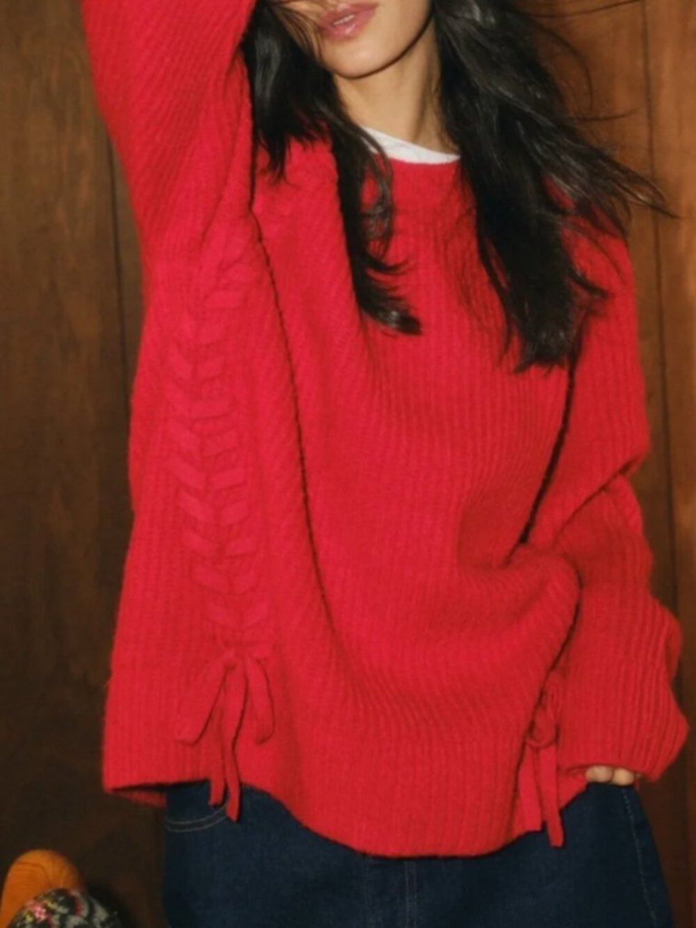 Abercrombie Dad Lace-Up Crew Sweater Vivid Red Size M NWOT